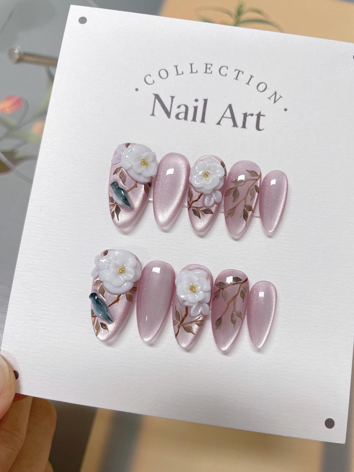 Handmade 3D Flower Bird Press On Nails: Artist Faux Nails