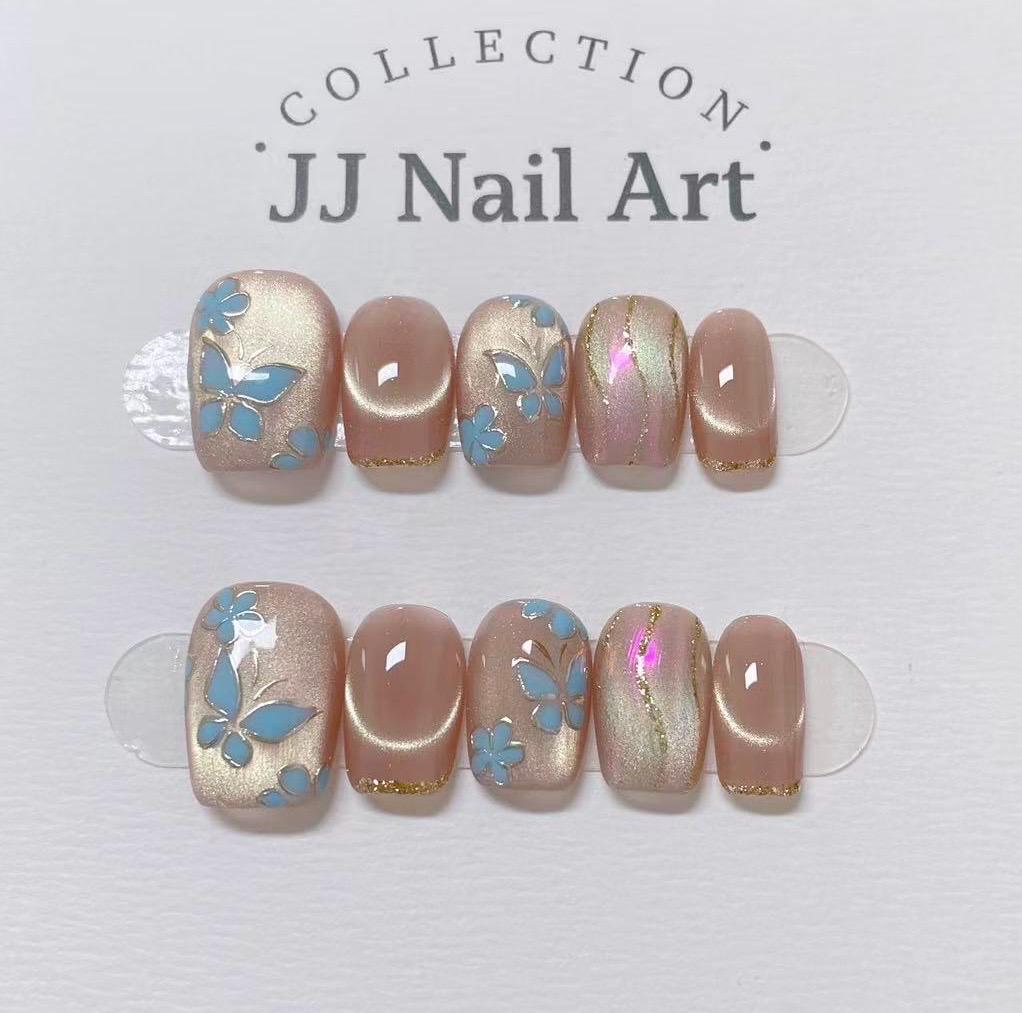 Blue Butterflies Press On Nails: Reusable Custom Shape Set