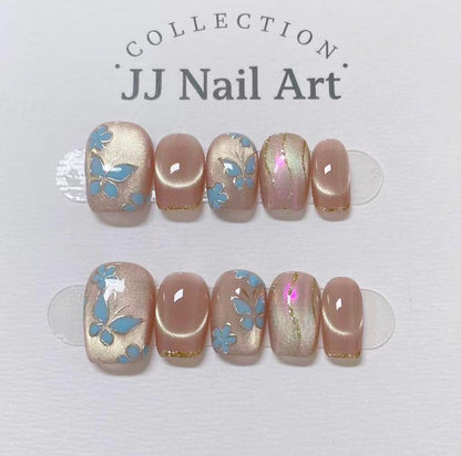 Blue Butterflies Press On Nails: Reusable Custom Shape Set