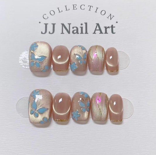 Blue Butterflies Press On Nails: Reusable Custom Shape Set