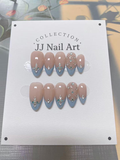 Gems Blue French Hand Painted Press On Nails: Custom Shape Reusable Nail Set