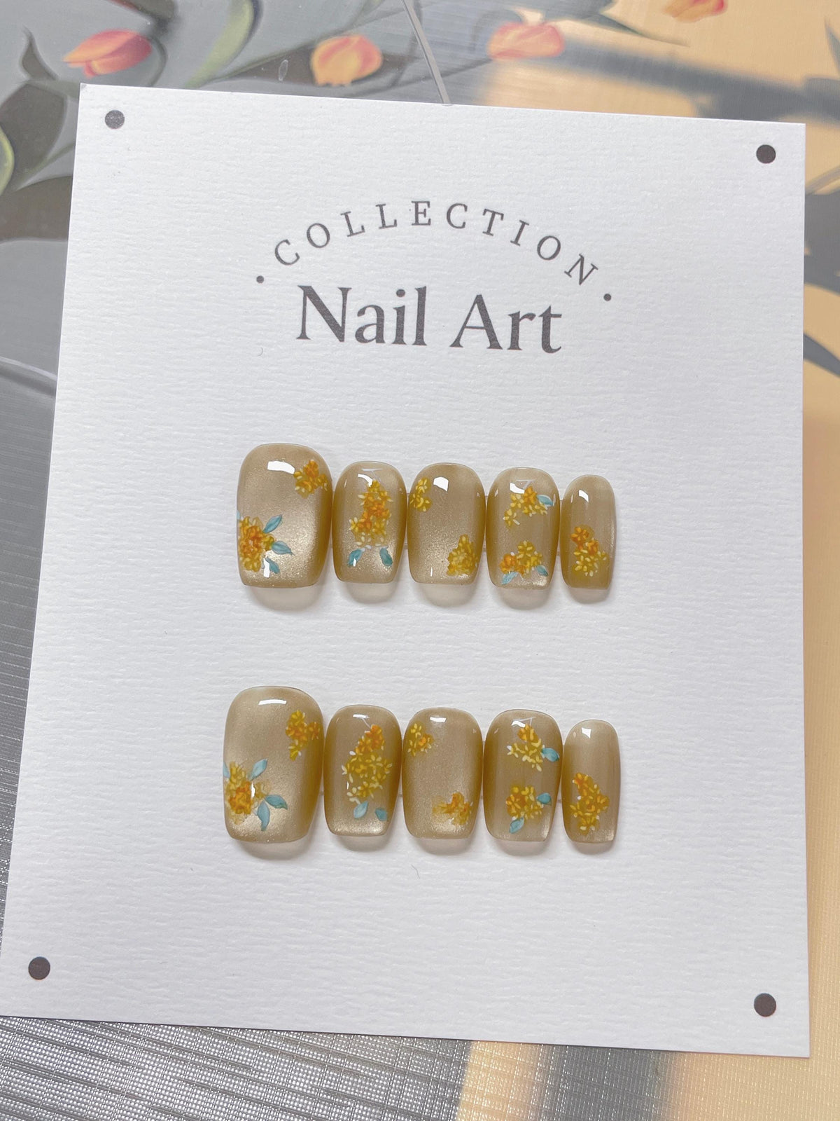 Hand Painted Fall Flower Press On Nails: Cat Eye Faux Nails