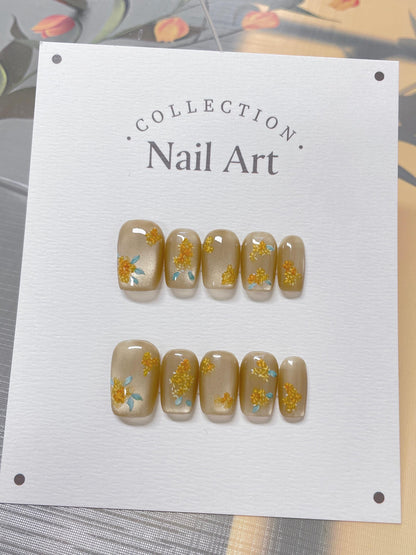 Hand Painted Fall Flower Press On Nails: Cat Eye Faux Nails