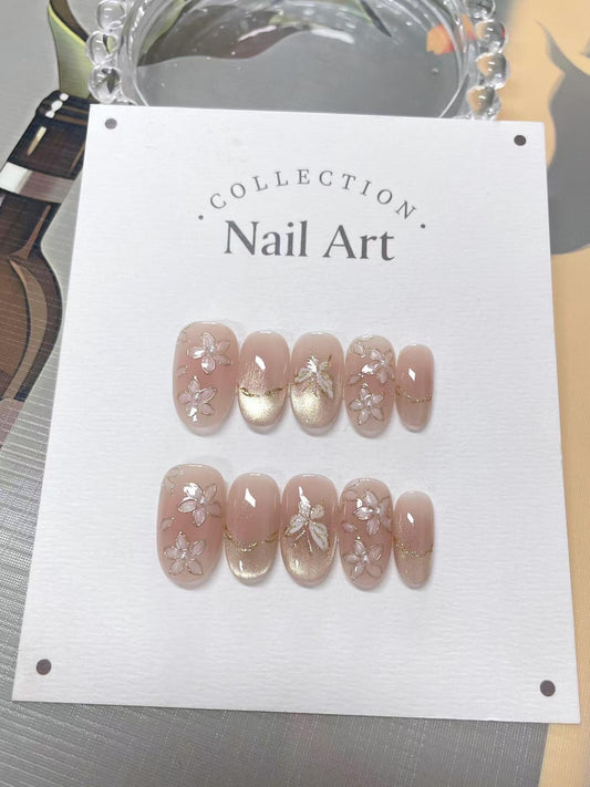 Hand Painted Press On Nails: Petals & Gold, Reusable Faux Nails