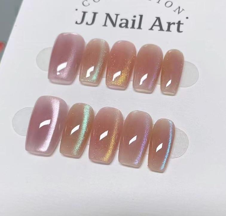 Colorful Cat Eye Hand Painted Press On Nails: Custom Shape Reusable Nail Set