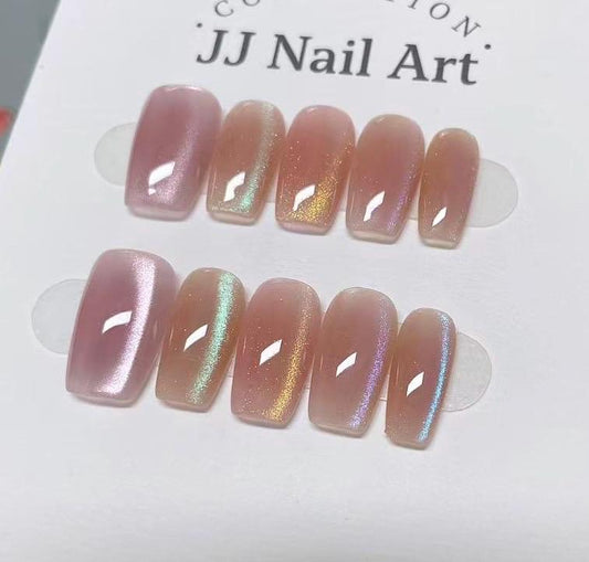 Colorful Cat Eye Hand Painted Press On Nails: Custom Shape Reusable Nail Set
