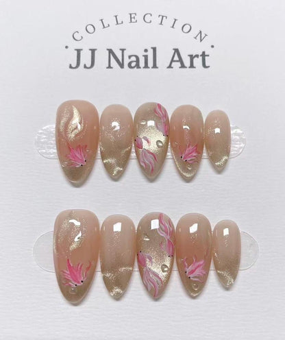 Custom Nail Shape Hand Painted Fish Press On Nails: Water Ripple Design, Reusable