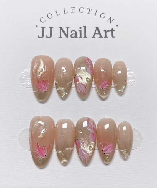 Custom Nail Shape Hand Painted Fish Press On Nails: Water Ripple Design, Reusable