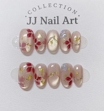 Handmade Red Petals Press On Nails: Reusable Set