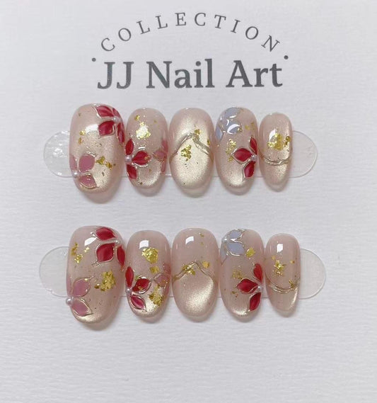 Handmade Red Petals Press On Nails: Reusable Set
