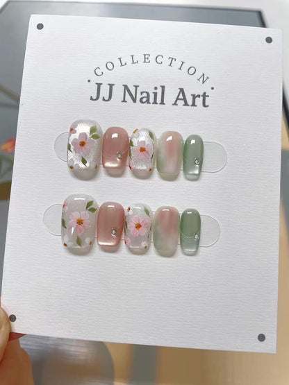 Spring Flowers Hand Painted Press On Nails: Custom Shape Reusable Nail Set