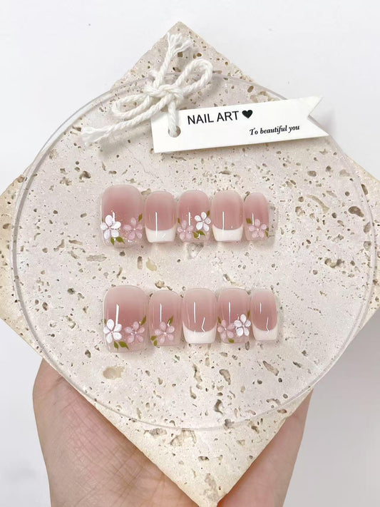 White French Press On Nails with Petals: Hand-Painted Reusable False Nails
