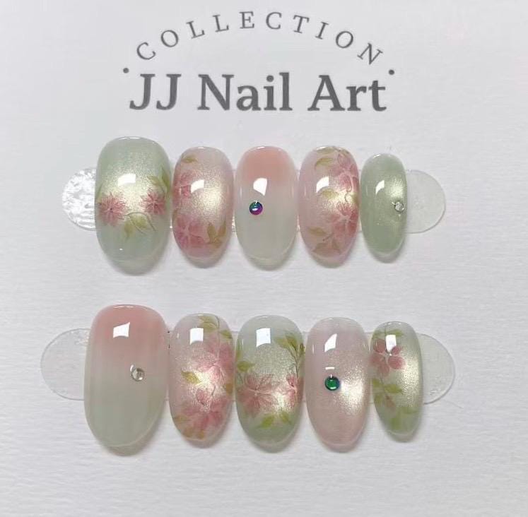 Handmade Pink Flowers Ombré Press On Nails: Reusable Nail Set