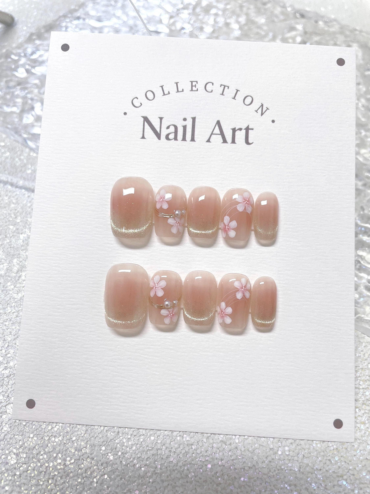 Pink Flower Cat Eye Press On Nails: Hand Painted Reusable Faux Nails