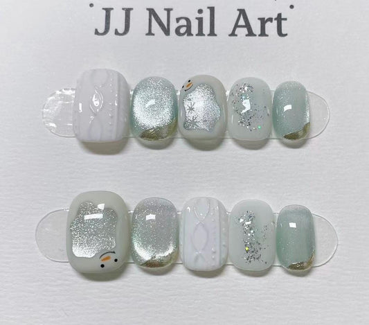 Custom Shape Hand Painted Press On Nails: White Christmas Reusable Nail Set