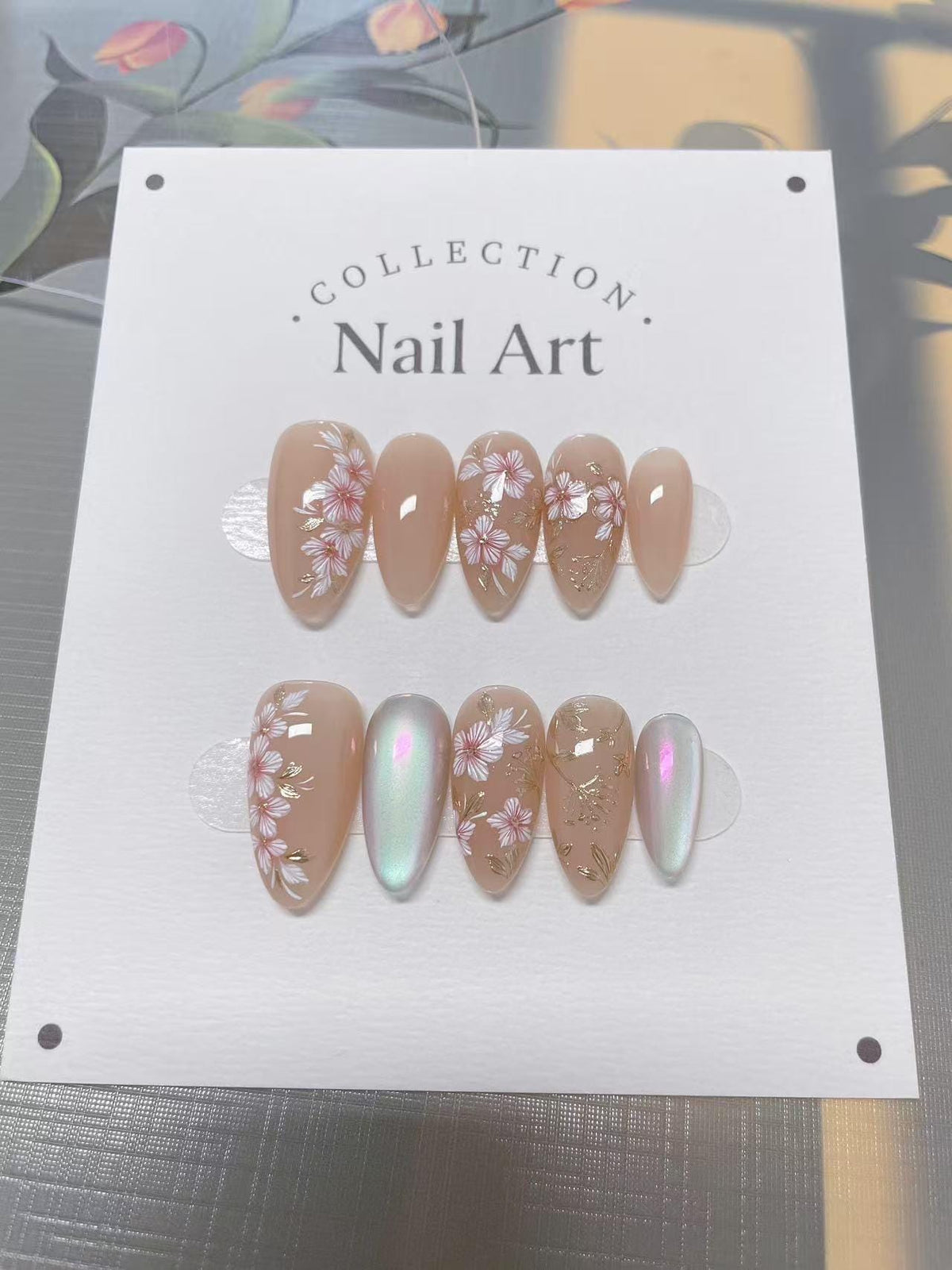 Hand Painted Nude Press On Nails, Cat Eye Flower Nail Art, Reusable