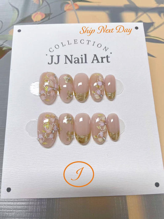 Gold French Hand Painted Press On Nails: Custom Shape Reusable Nail Set