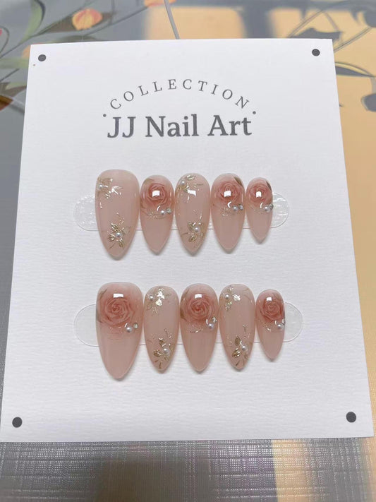 Roses With Beads Press On Nails: Hand Painted Reusable Fake Nails