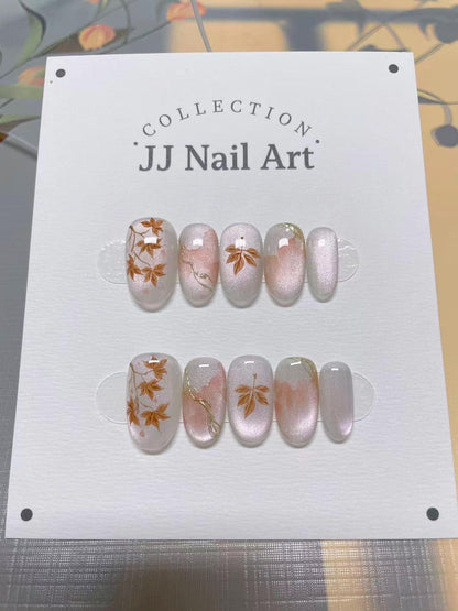 Fall Leaves Press On Nails: Hand Painted Reusable Fake Nails