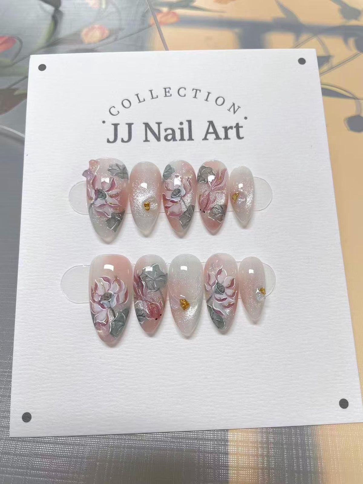 Hand-Painted Lotus French Cat Eye Press On Nails: Reusable Custom Set