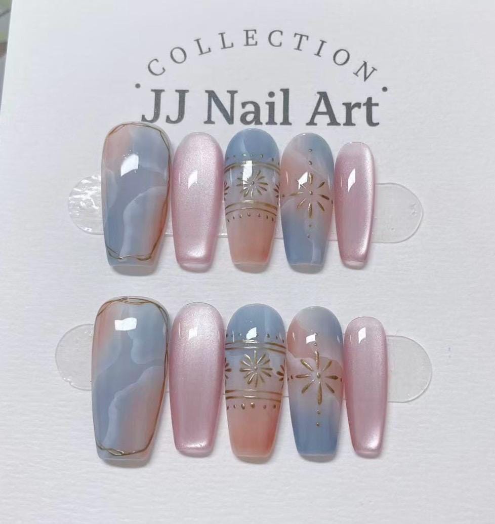 Handmade Blue Pink Smudge Press On Nails: Reusable Set