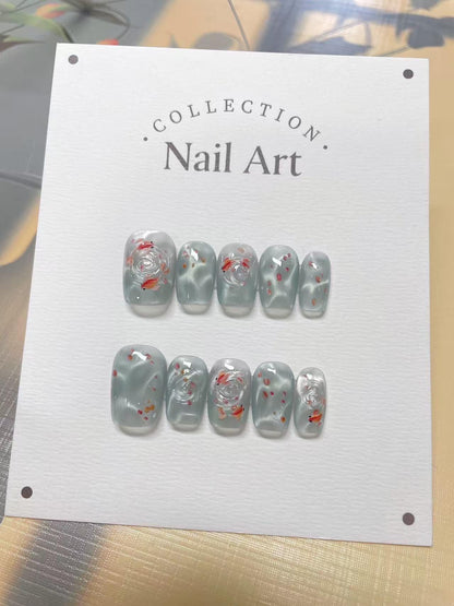 Hand Painted Fish Press On Nails: Reusable Artist Faux Nails