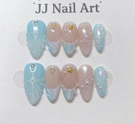 Ocean Star Hand Painted Press On Nails: Custom Shape Reusable Nail Set