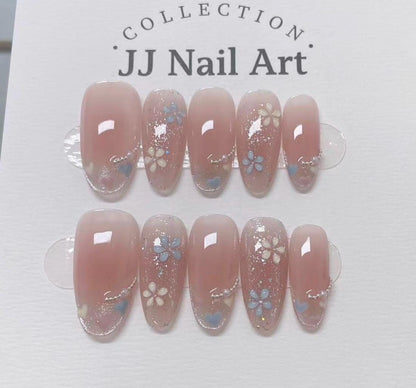 Blue Yellow Petals Handmade Press On Nails: Reusable Custom Shape Set