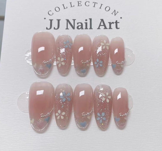 Blue Yellow Petals Handmade Press On Nails: Reusable Custom Shape Set