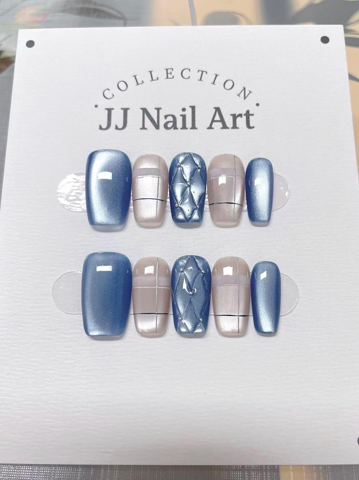 Blue Pattern Cat Eye Press On Nails: Custom Shape Reusable Nail Set