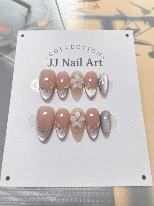 3D Flowers Cat Eye Press On Nails: Custom Shape Reusable Set