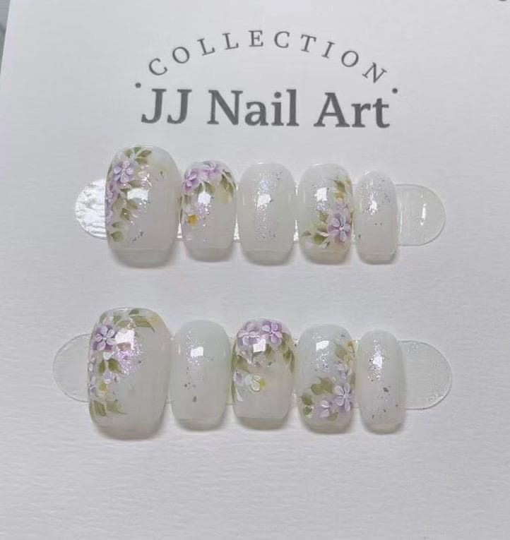Handmade Watercolor Purple Flowers Press On Nails: Reusable Set