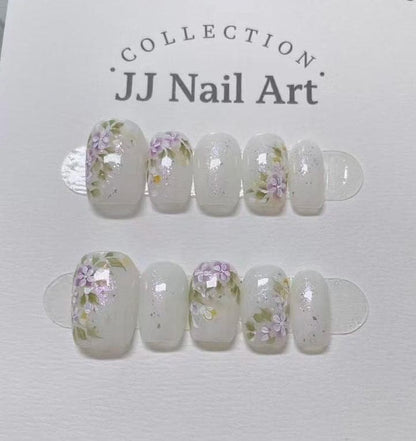 Handmade Watercolor Purple Flowers Press On Nails: Reusable Set
