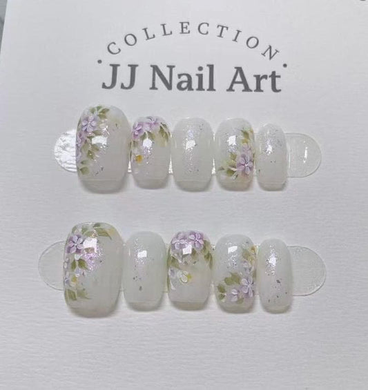 Handmade Watercolor Purple Flowers Press On Nails: Reusable Set