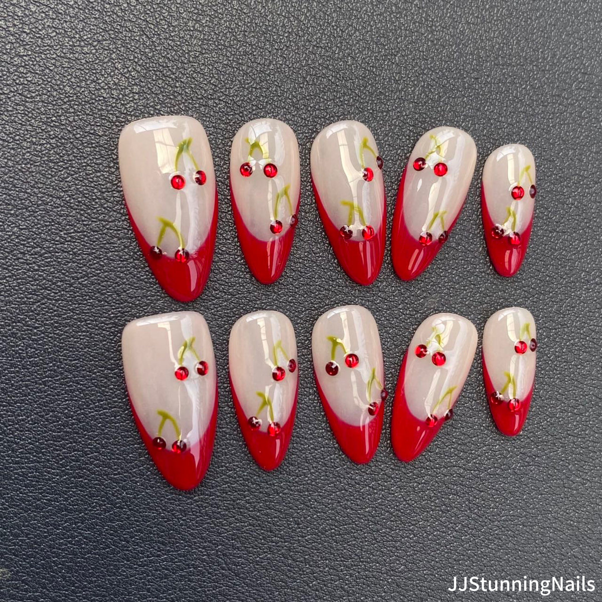 3D Cherry Press On Nails: Handmade Gel Almond Faux Nails