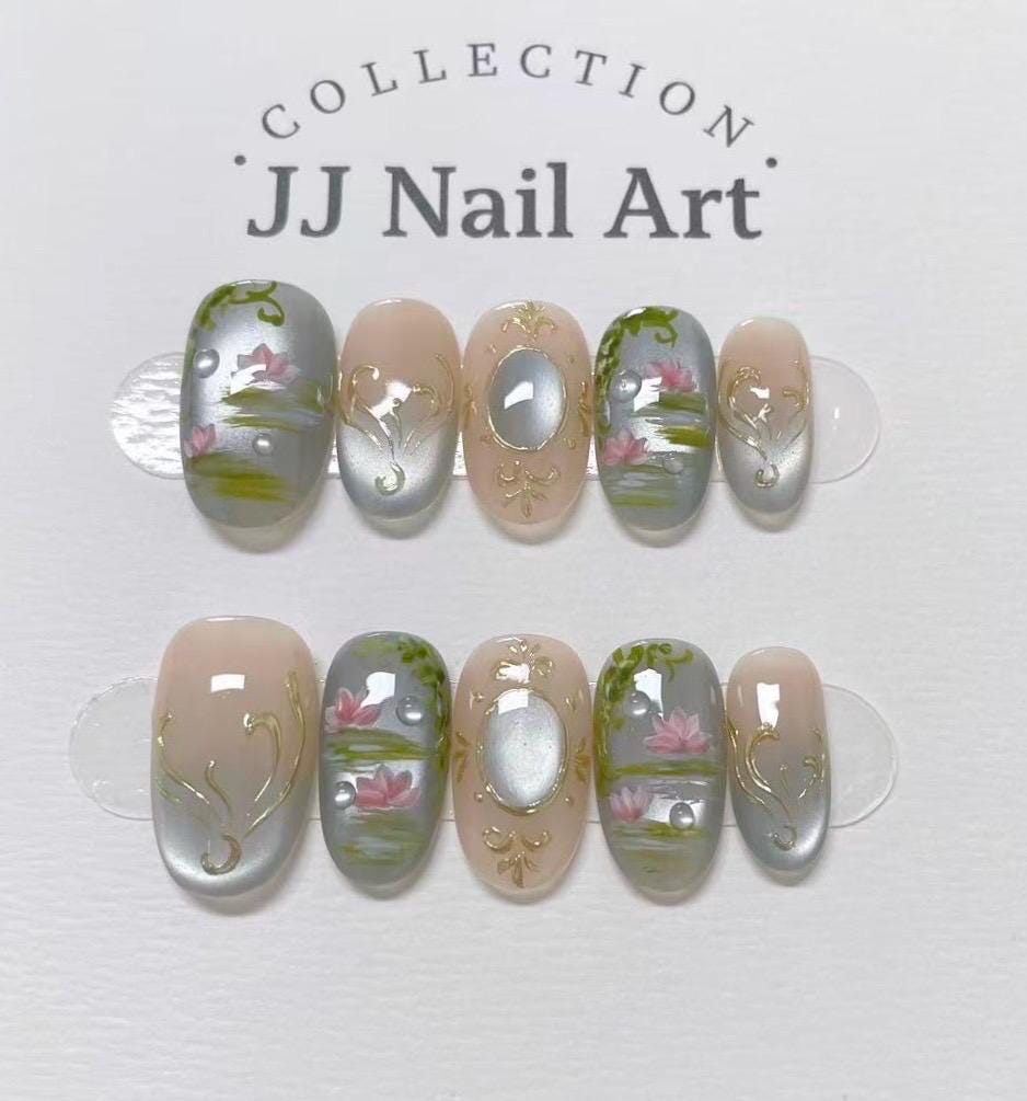Handmade Water Lilies Ombre Press On Nails: Reusable Set