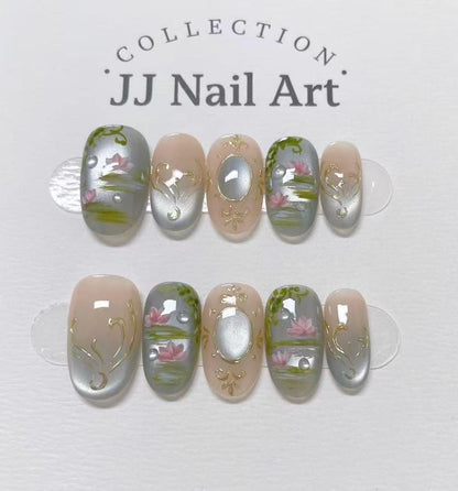 Handmade Water Lilies Ombre Press On Nails: Reusable Set