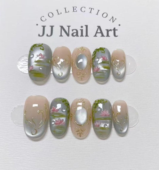 Handmade Water Lilies Ombre Press On Nails: Reusable Set