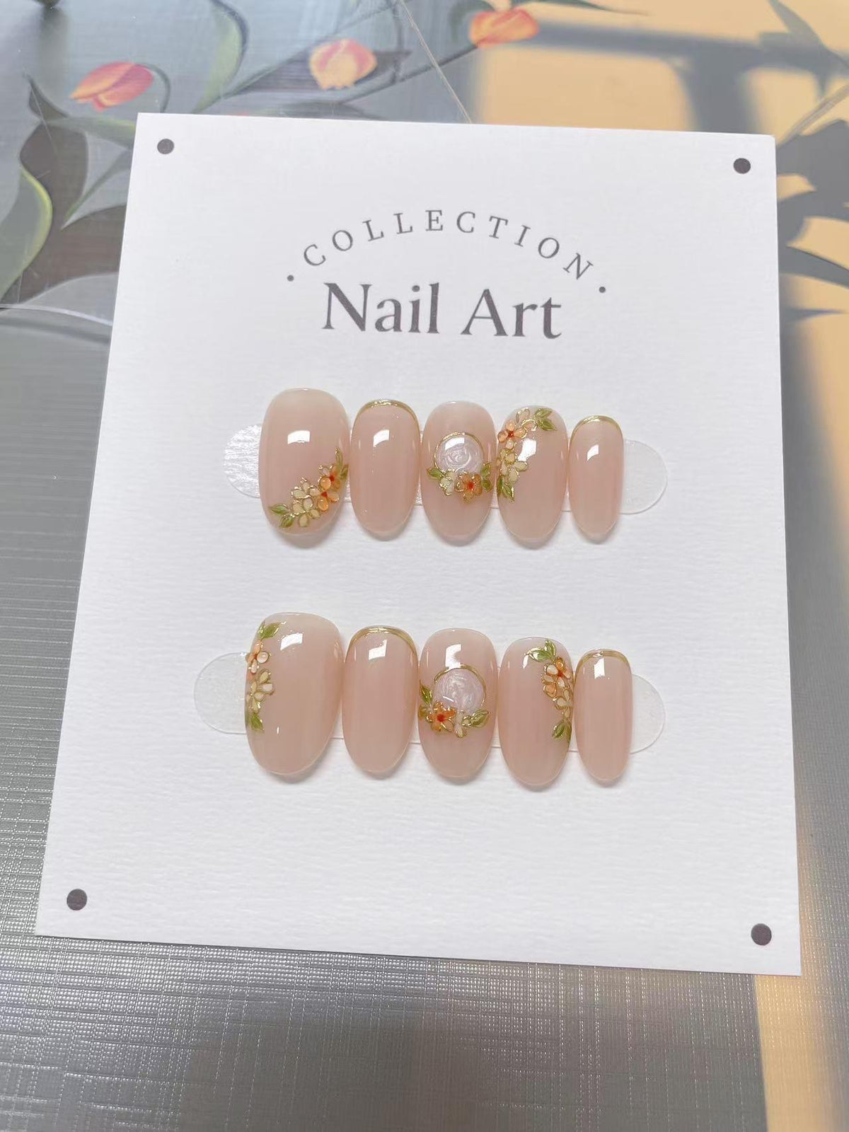 Gold Lined Flowers Press On Nails: Hand Painted Reusable Faux Nails
