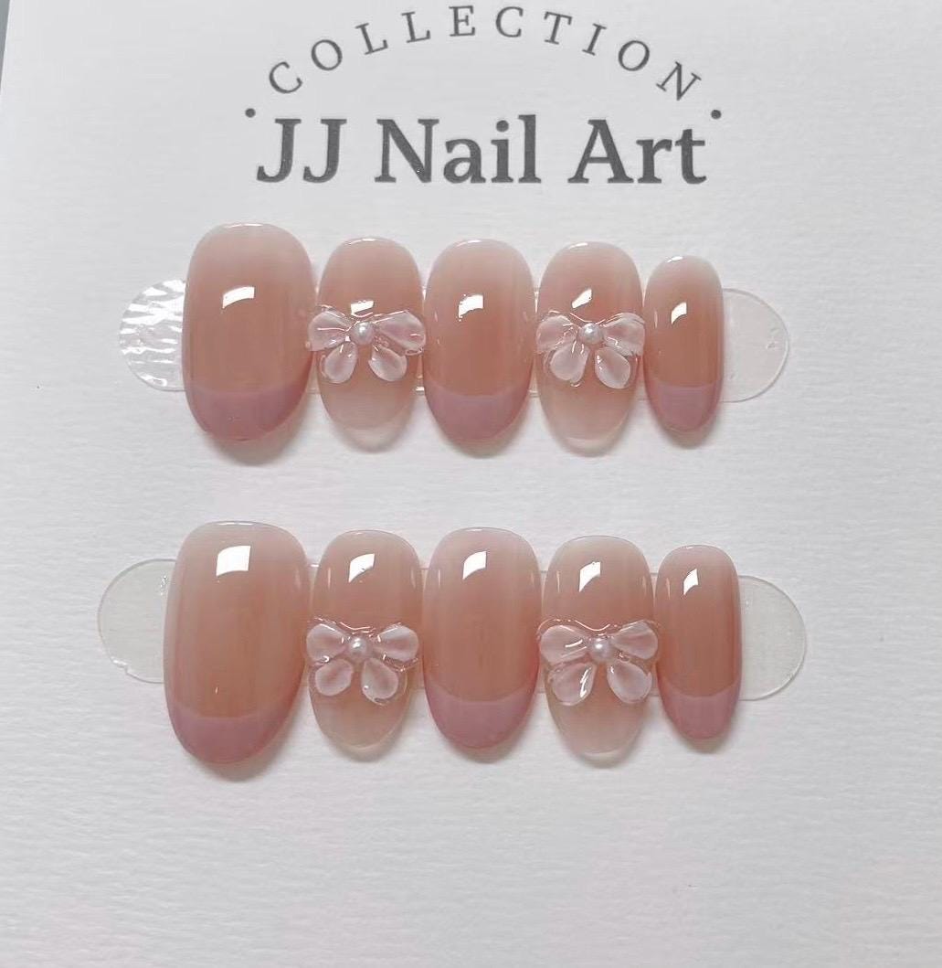 Pink Petals French Handmade Press On Nails: Custom Shape Reusable Set, Pastel Colors