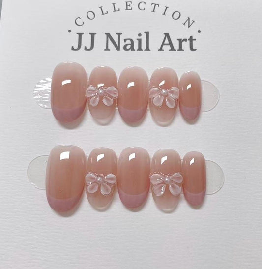 Pink Petals French Handmade Press On Nails: Custom Shape Reusable Set, Pastel Colors