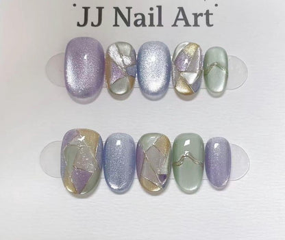 Colorful Stained Glass Hand Painted Press On Nails: Custom Shape Reusable Nail Set