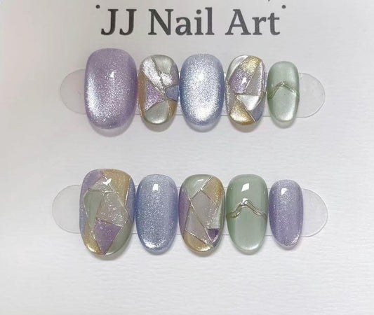 Colorful Stained Glass Hand Painted Press On Nails: Custom Shape Reusable Nail Set