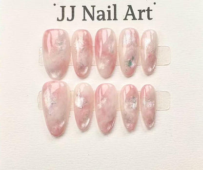 Handmade Pink Smudge Press On Nails: Reusable Custom Shape Set