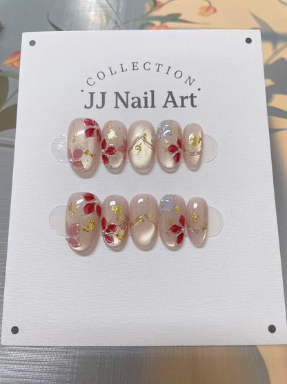 Handmade Red Petals Press On Nails: Reusable Set
