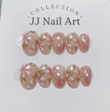 Handmade White Pinke Petals Cat Eye Press On Nails: Reusable Set
