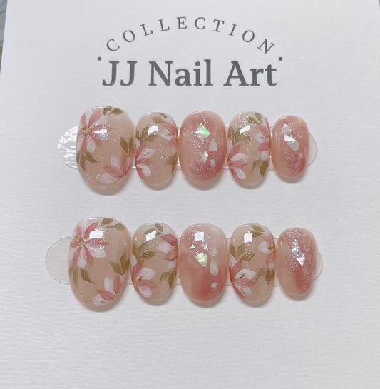 Handmade White Pinke Petals Cat Eye Press On Nails: Reusable Set