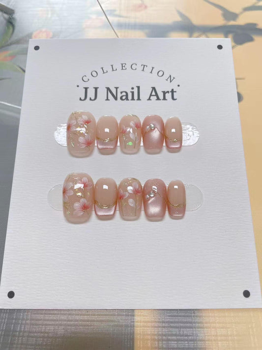 Handmade Floral Press On Nails: Reusable Set, Pink Petals Design