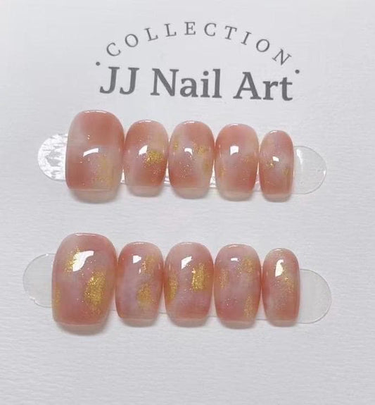Peach Smudge Gold Handmade Press On Nails: Custom Shape Reusable Set