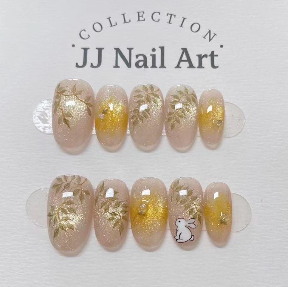 Handpainted Floral French Press On Nails: Bunny, Flowers, Reusable Set